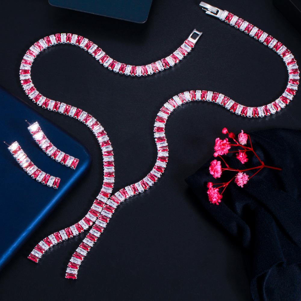 Bridal Wedding Dress Accessories Photography Performance Ladder Zircon Necklace Earrings Two-Piece Set