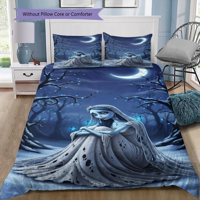 Corpse Bride Emily Moon Forest Print 3‑Piece Bedding Set, Gothic Romantic Duvet Cover Set for Bedroom Home Decor