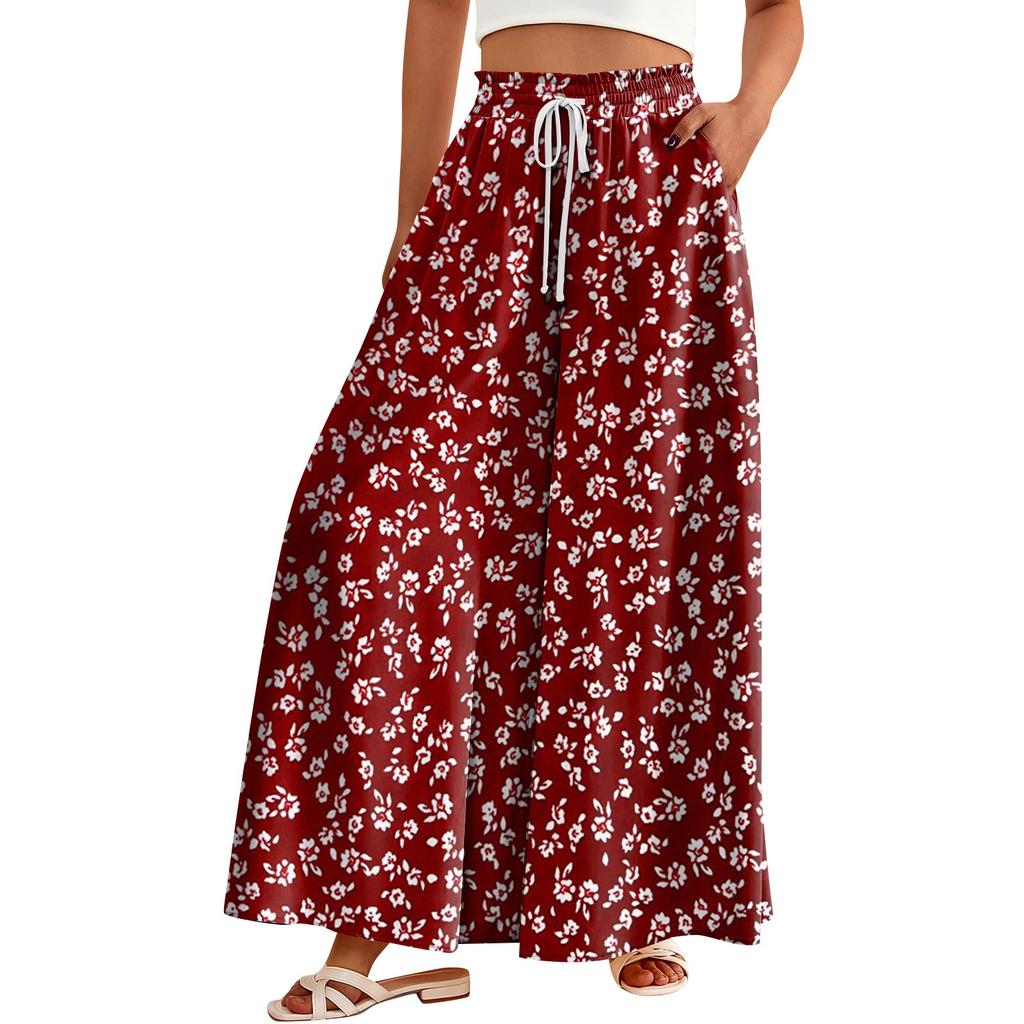 Women's Printed Wide Leg Pants With Pockets High Waist Drawstring Loose Casual Pants