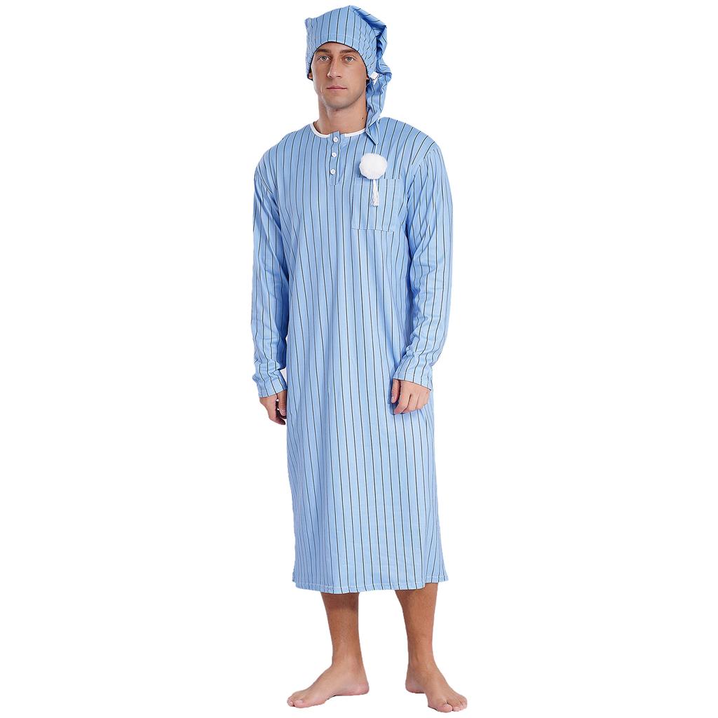 Mens Striped Nightgown Robe with Hat Long Sleeve Full Length Pompom Trim Adjustable Sleep Cap Arabian Pajamas