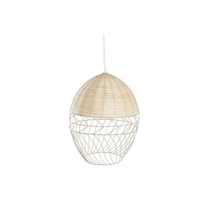 Suspension - Métal - Rotin - Blanc - Marron clair - 50W - 30x30x38cm