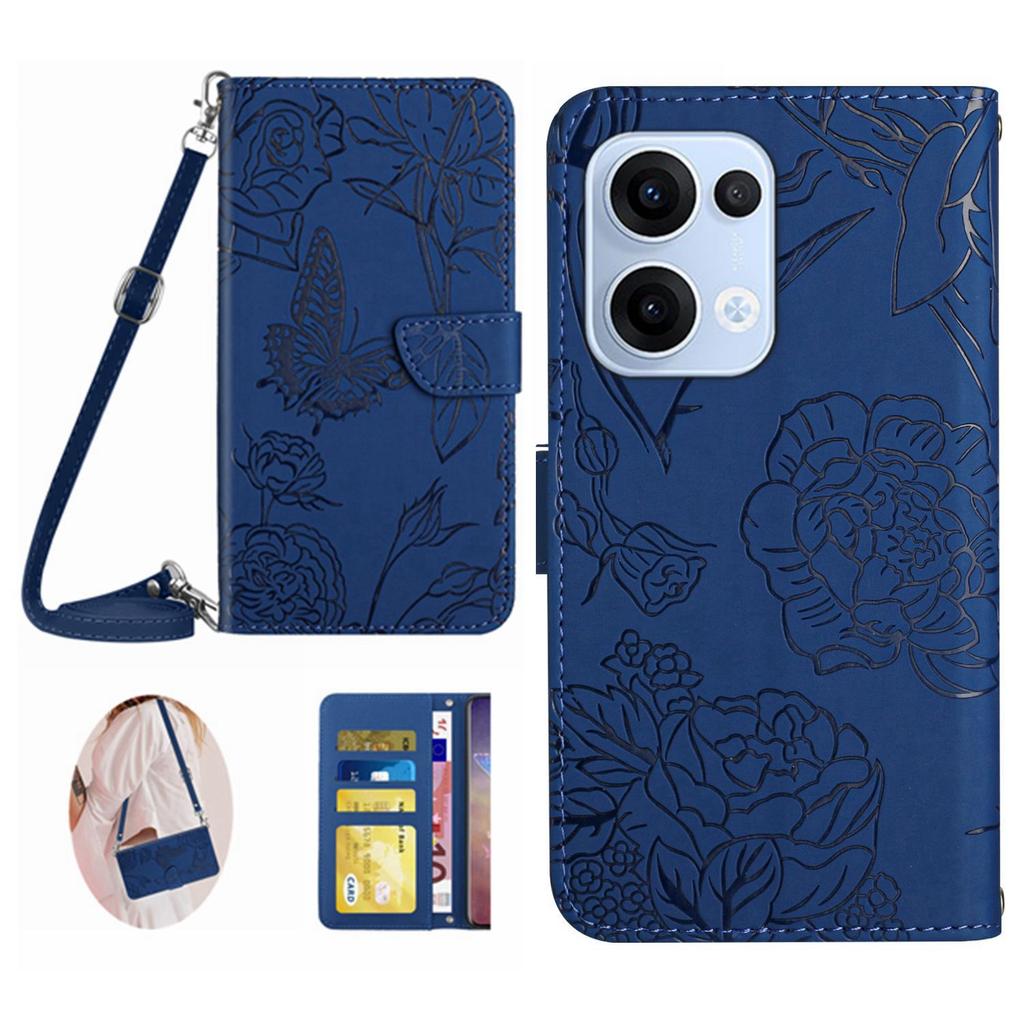 For Oppo Reno13 5G (Global) Case Butterfly Flower Imprint Leather Phone Cover with Shoulder Strap