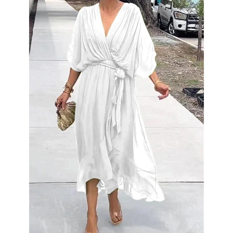 Mode Kurzarm Schnürung Sommer Langes Kleid Übergröße Lässig Damen Locker V-Ausschnitt Sexy A-Linie Party Unregelmäßige Kleider Elegant Schlicht Damenbekleidung