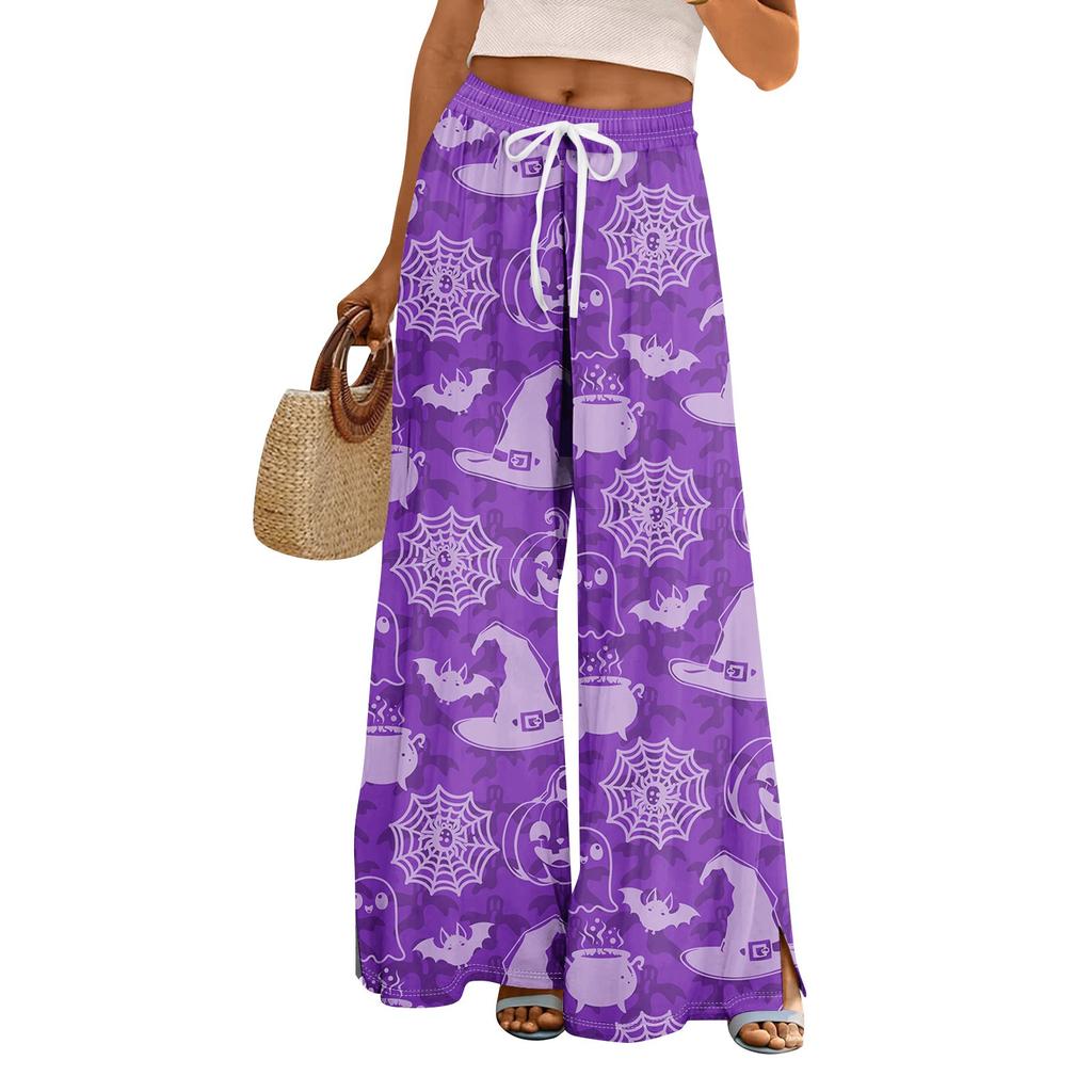 Damen Sommer Boho Palazzo Hose Hohe Taille Weites Bein Halloween Druck Lässige Hose mit Taschen