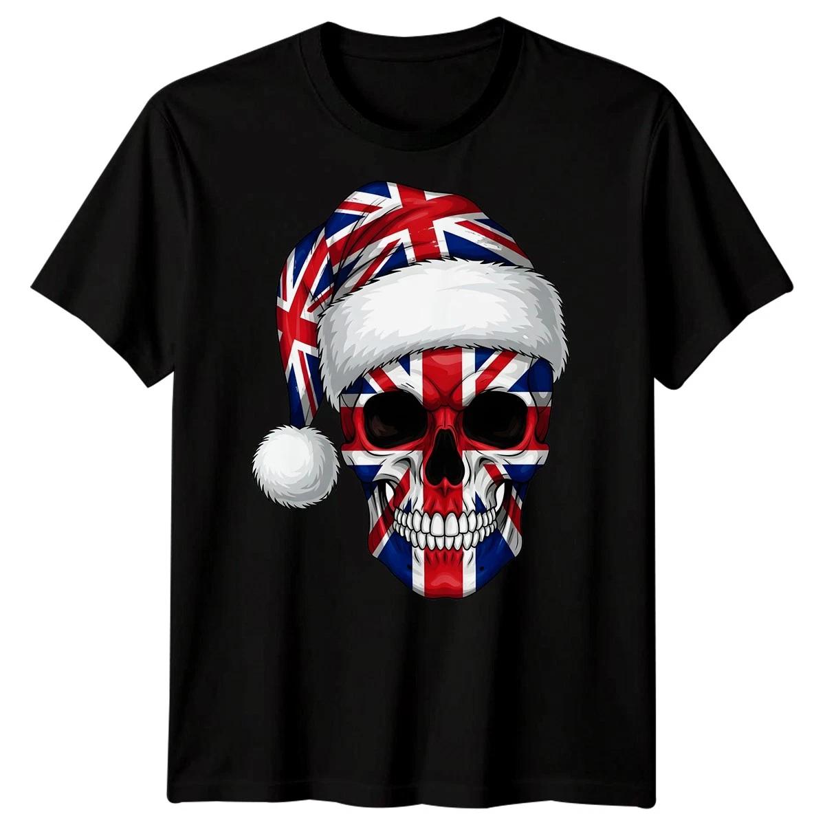 British Skull Christmas Holidays Mens T-Shirt Union Jack Santa Hat L