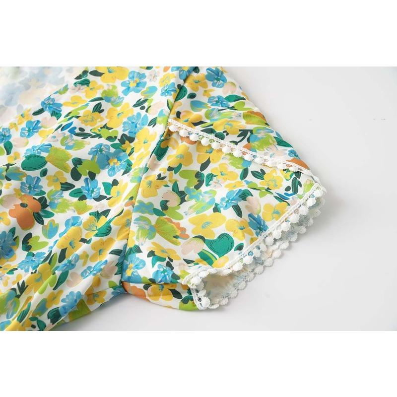 Summer Short Sleeve Floral Printed Women Dress New V Neck Fashion Elegant Loose Casual Party A-line Dresses Female Lace-up Women's Clothing