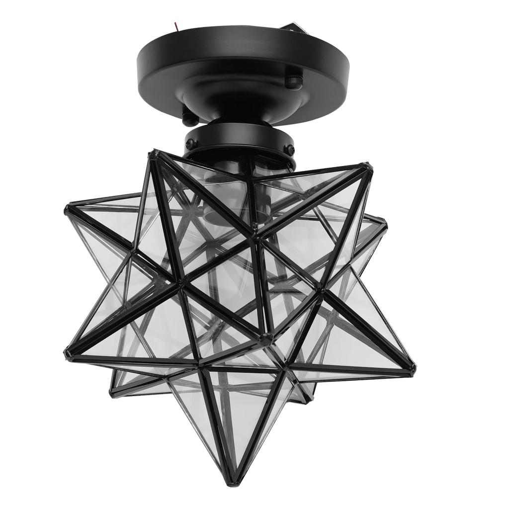 Moravian Star Light Flush Mount, Glass Shade Moroccan Star Ceiling Light Fixture, Black Finish Clear Glass Lighting Fixture