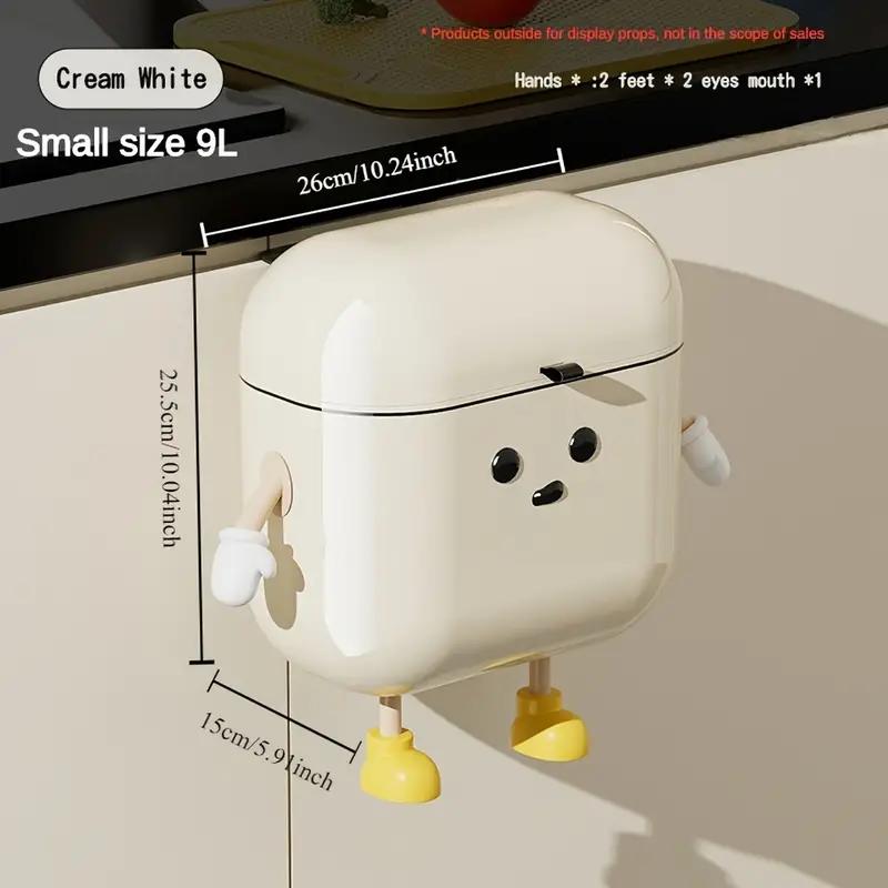 

1 шт., большая вместимость, квадратный белый пластик, милый мультяшный подвесной мусорный бак - настенный с крышкой, установка без сверления 9L белый