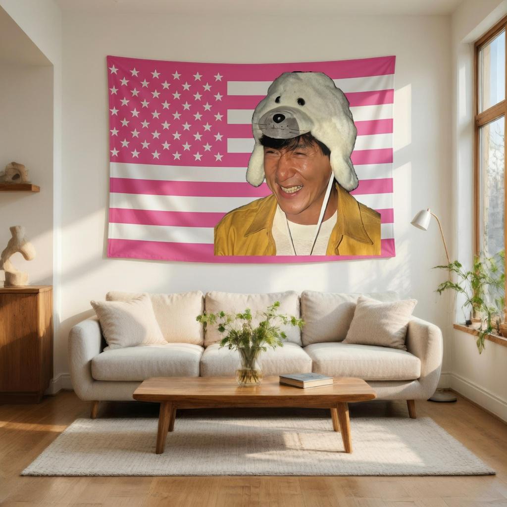 Funny Pink USA Flag Tapestry with Cute Dog Hat Guy  Vibrant Aesthetic Wall Hanging Decor for Home