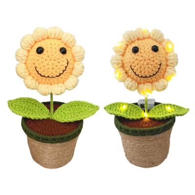 LED Lighted Smiling Sunflowers Crochet Potted Plant Ornament Handcrafted Home Decors No Maintenance Needs Perfect Gift