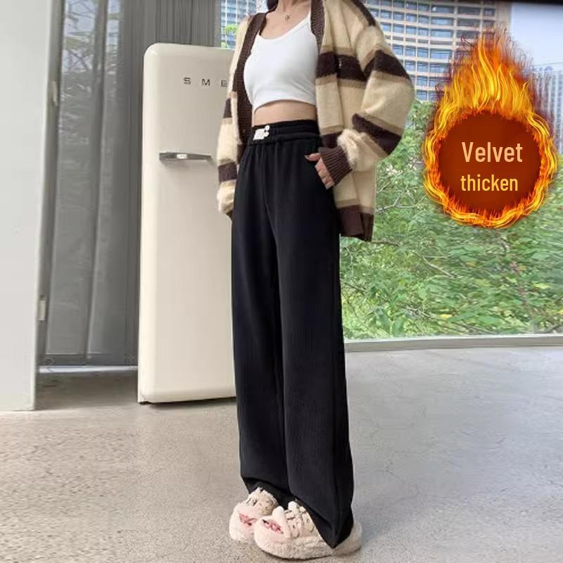 Petite 145cm Chenille Wide-Leg Fleece-Lined Pants: Women's Autumn/Winter Loose Height-Enhancing Casual Pants