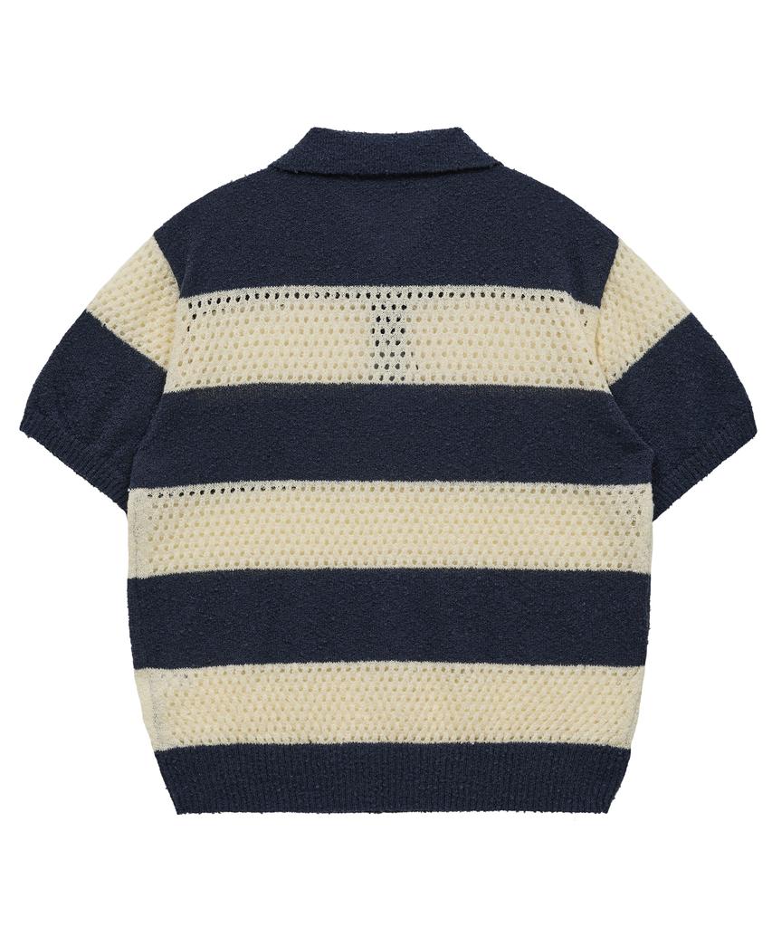 WAIKEI Scalloped Stripe Collared Short Sleeve Knit Navy