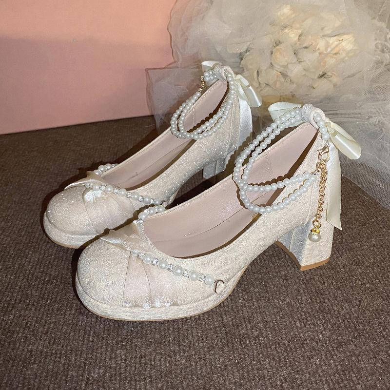 French Mary Jane High Heels Femininity Advanced Not Tired Feet Hexiu Wedding Dress Two Wear Bride Engagement Thick Heel Shoes