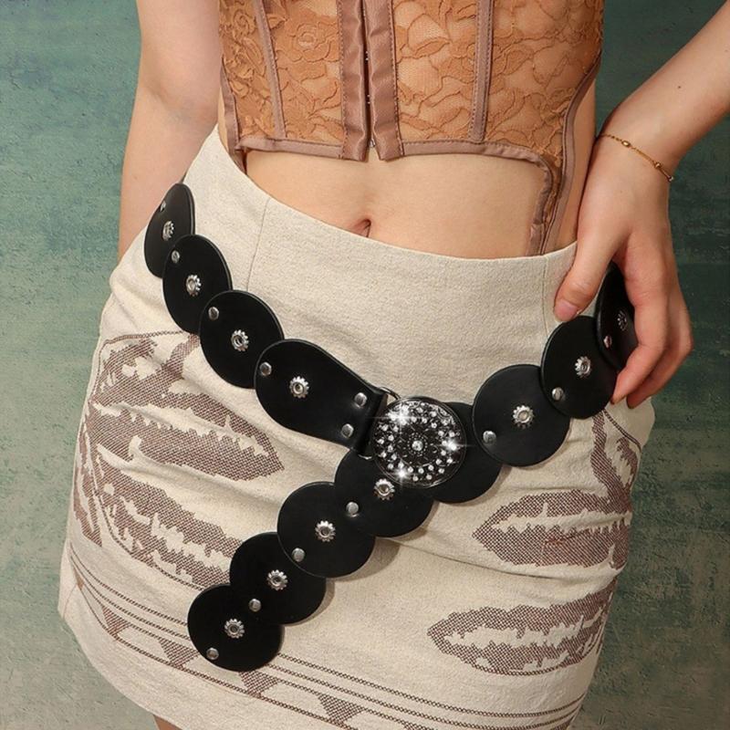 Retro Studded Waistband Unisex PU Stretch Belt With Accents Fits 90cm To 110cm Waist