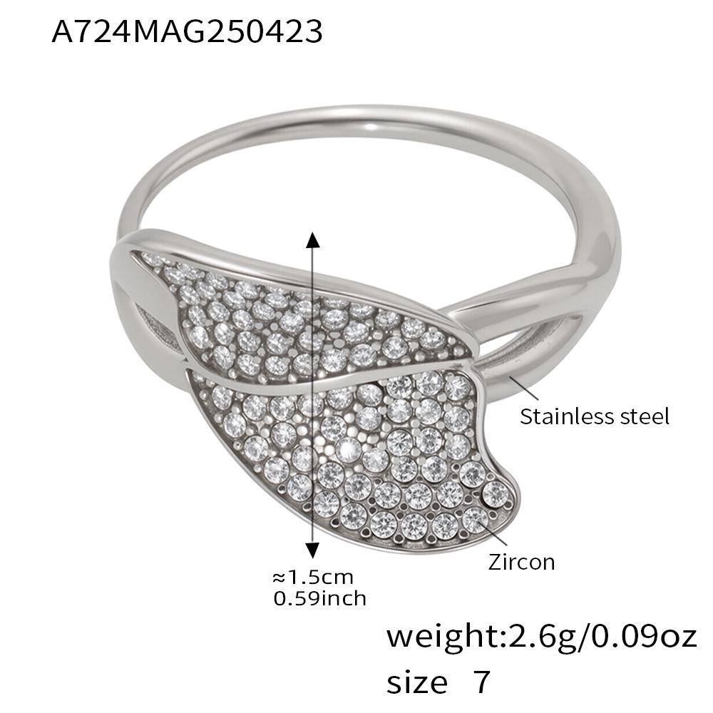 Qiong Yao 5A Zirconia Leaf Open Ring for Women - Stainless Steel, Colorfast, Fashionable Size 7