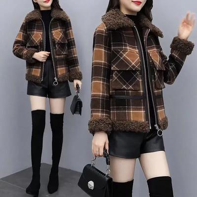 Lamb Wool Plaid Short Jacket Winter Cropped Petite Zipper Overcoat Women's Thick Regular Type Clothing