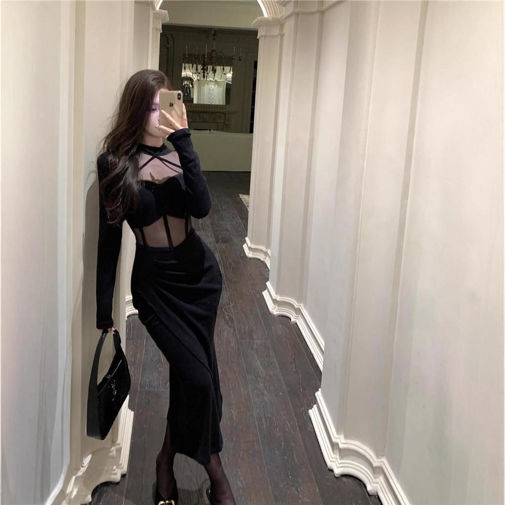 Black mesh splicing hollow long-sleeved dress women's autumn new Spice Girl sexy tight and thin hip skirt
