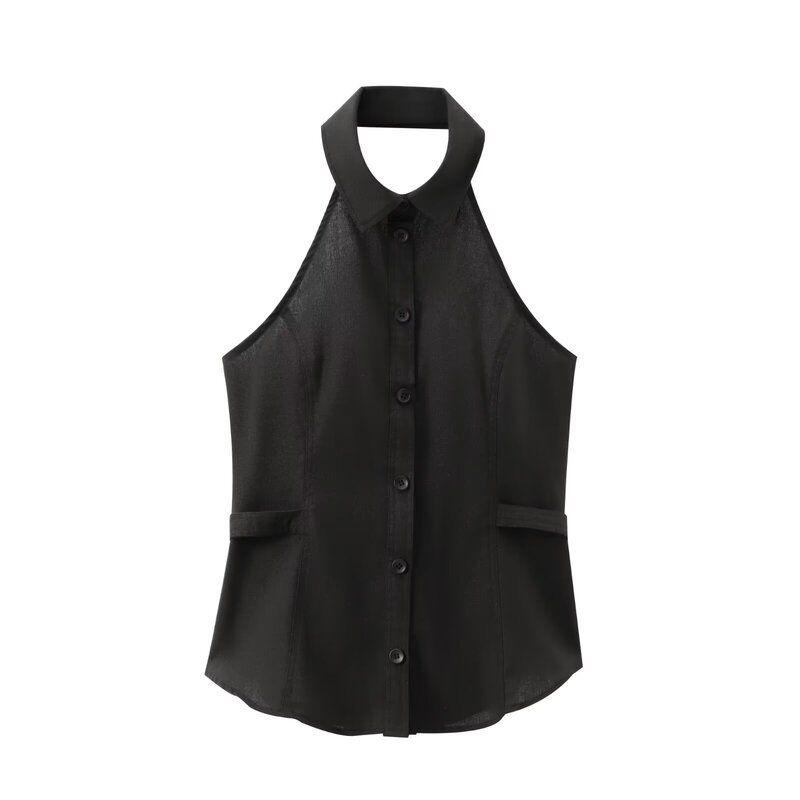 Fashion Style 2024 Summer New Women's Clothing Buckle Decoration Linen Blended Hanging Collar Tops 8001709