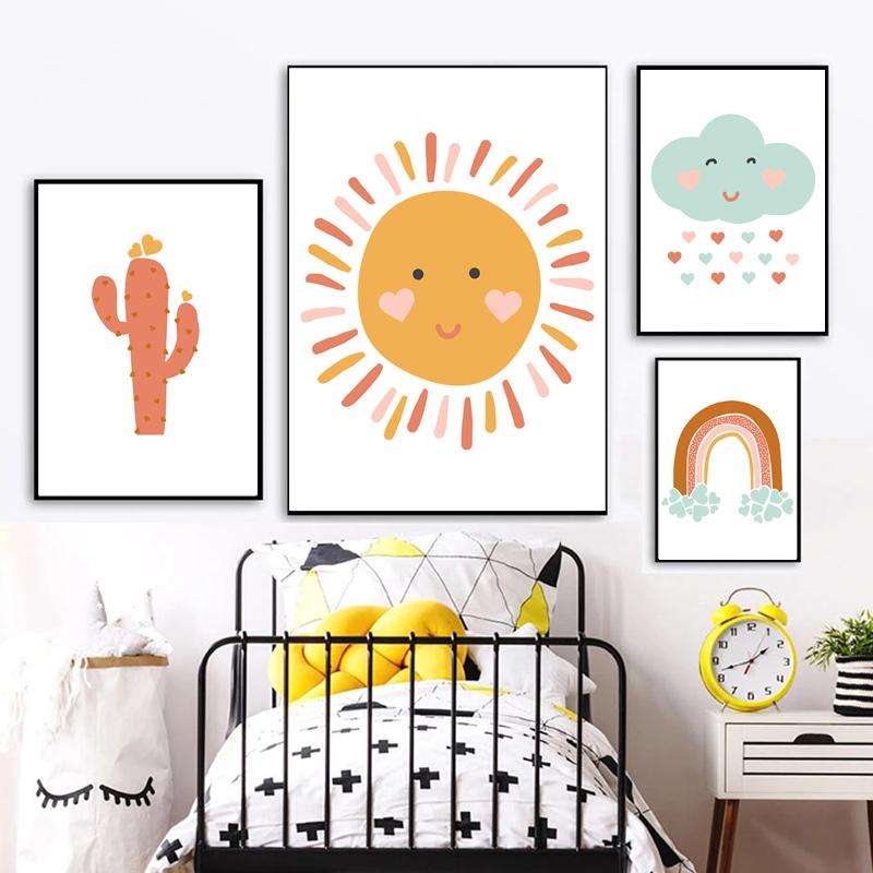 Nordic Rainbow Clouds Moon Cactus Prints And Posters Wall Art Canvas Paiting Wall Pictures For Living Room Home Décor No Frame