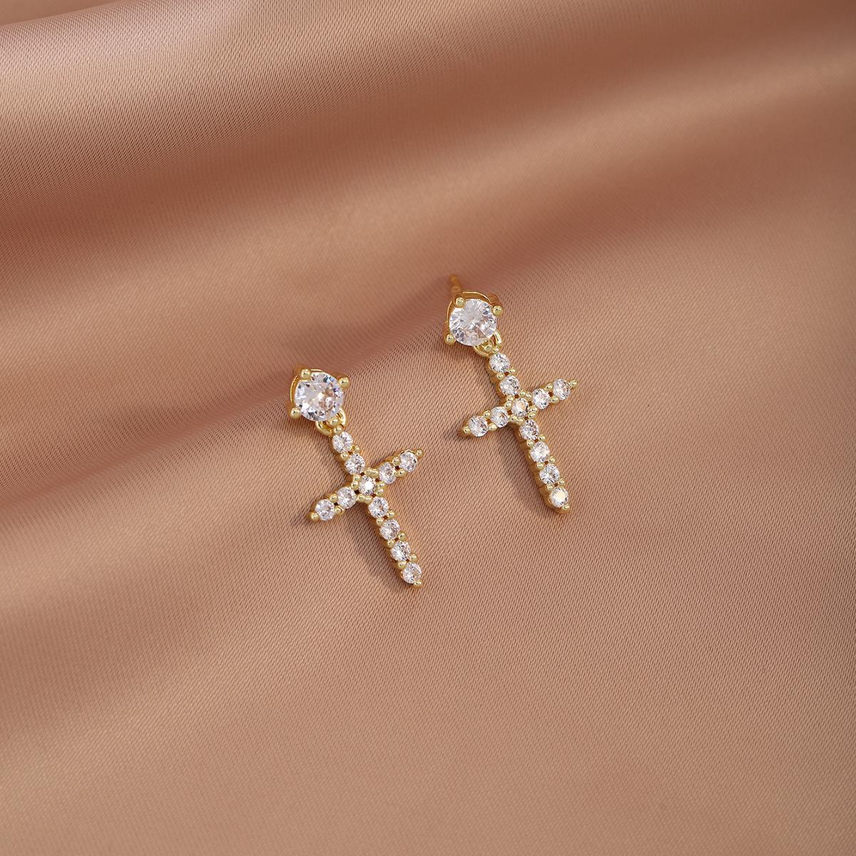 Light Luxury Zircon Diamond Cross Earrings, Exquisite High-End Fashion Temperament Earrings For Women In Autumn And Winter