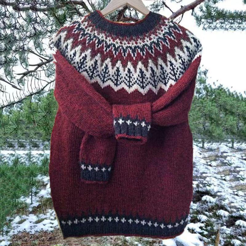 Multicolor Round Neck Knit Sweater with Sheep Pattern