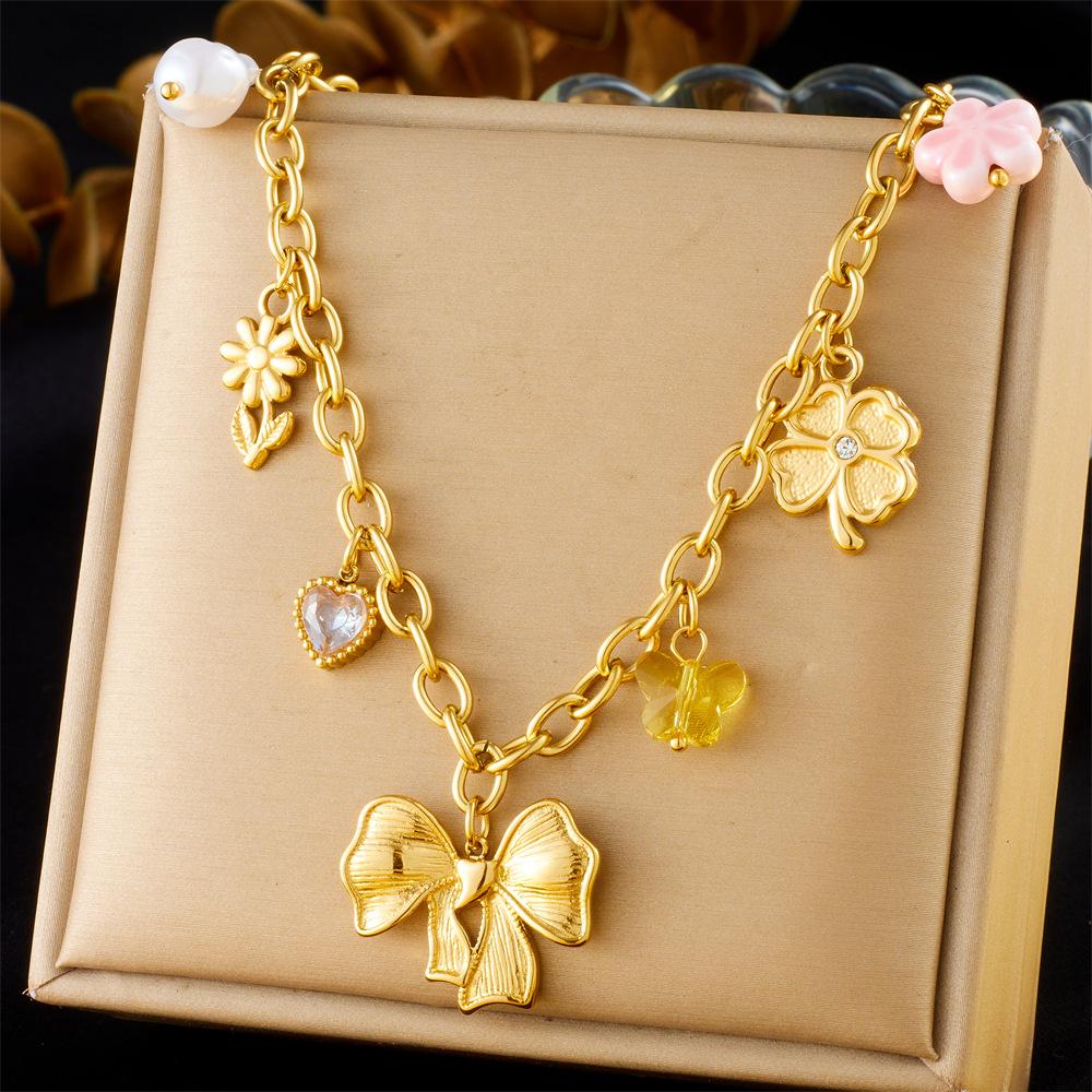 Vintage Love Heart Pearl Choker Necklace Pink Floral Gem Round Pendant Layered Sweater Chain Fashion Jewelry
