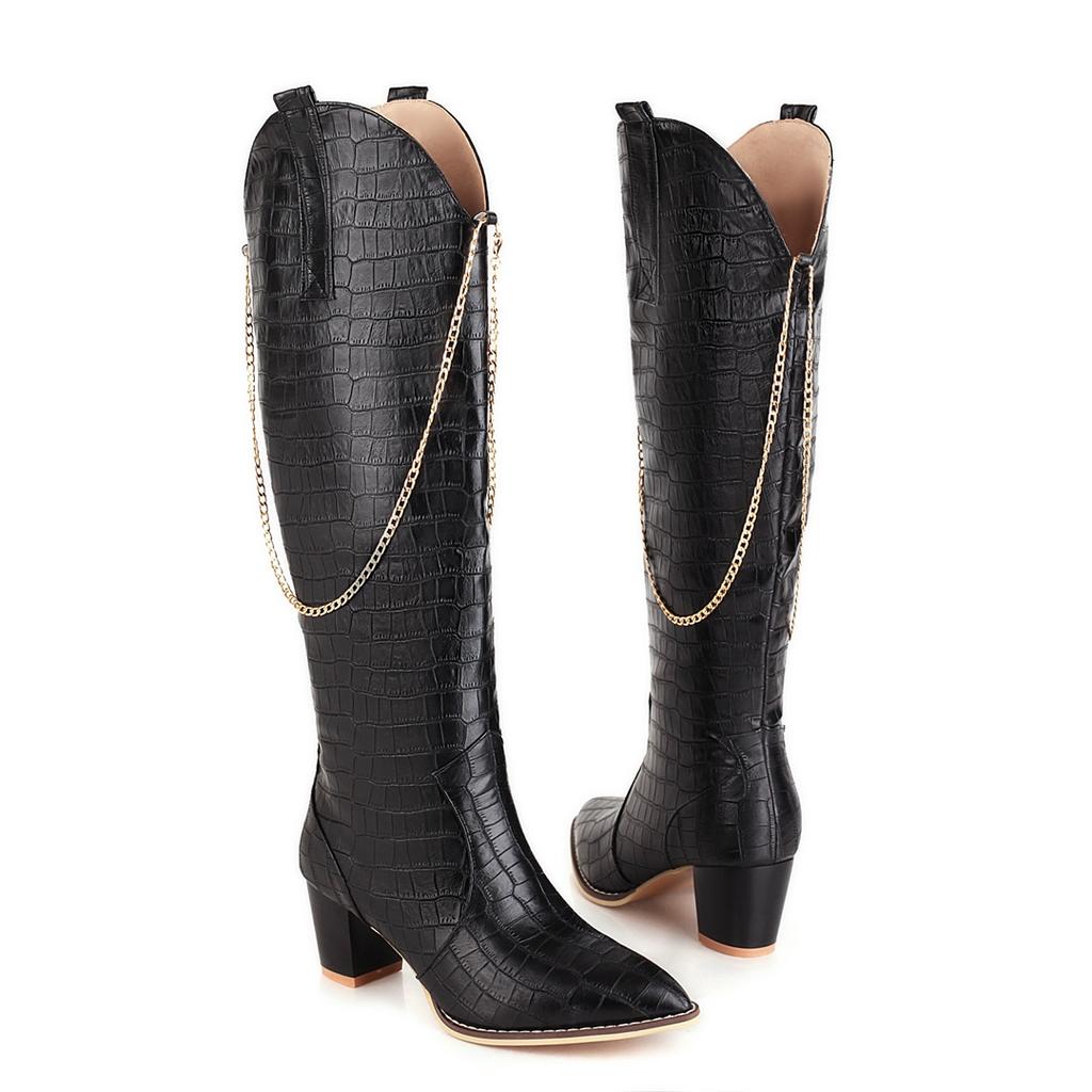 Women's high-heeled boots sexy European and American style crocodile pattern thick heel pointed large size medium boots