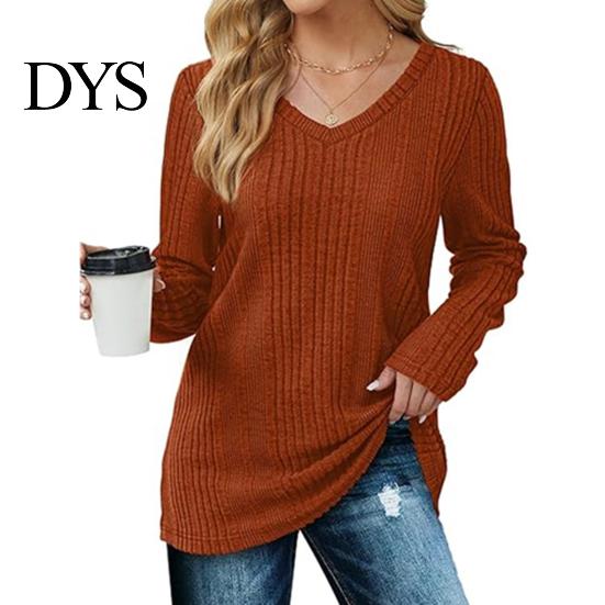 Damen Herbstkleidung Tunika Pullover V-Ausschnitt Langarm Einfarbig Gerippt Lässige Oberteile Schlanke Passform Gestrickt Locker