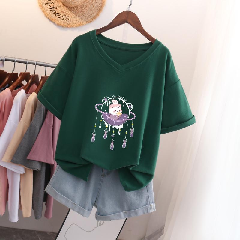 Short-sleeved T-shirt, Loose-fitting, Slimming Printed V-neck Top for Women