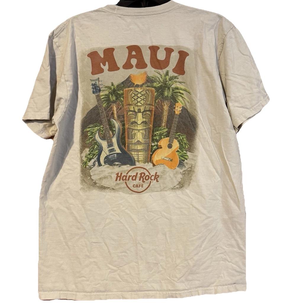 Hard Rock Cafe Maui Shirt Mens Large L Tan Beige Tiki Guitar Hawaii Graphic Tee Unisex T-Shirt
