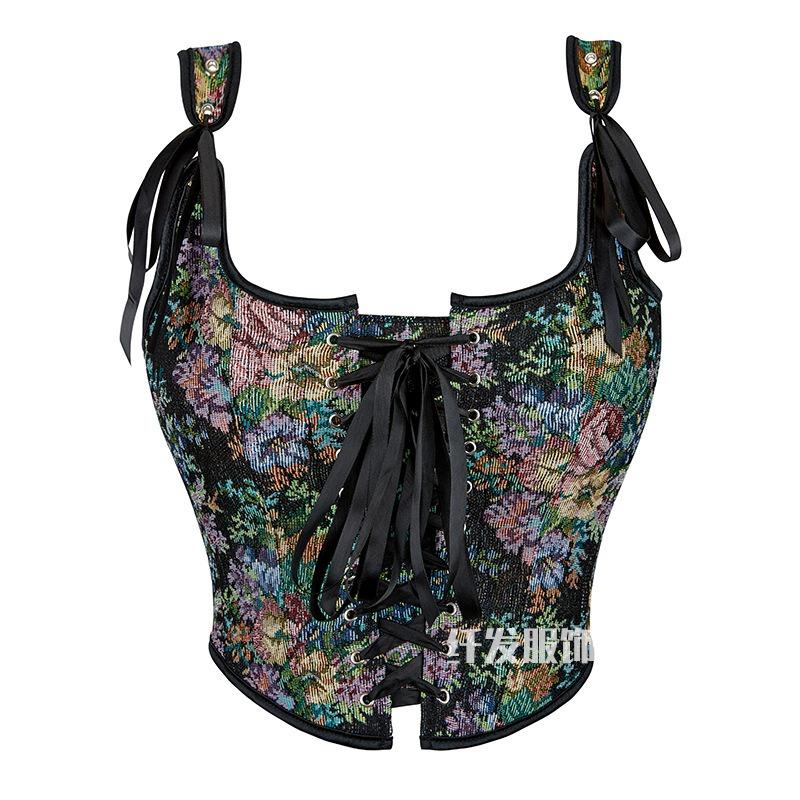 French Jacquard Palace Style Front Opening Strappy Boned Corset Shapewear Bustier