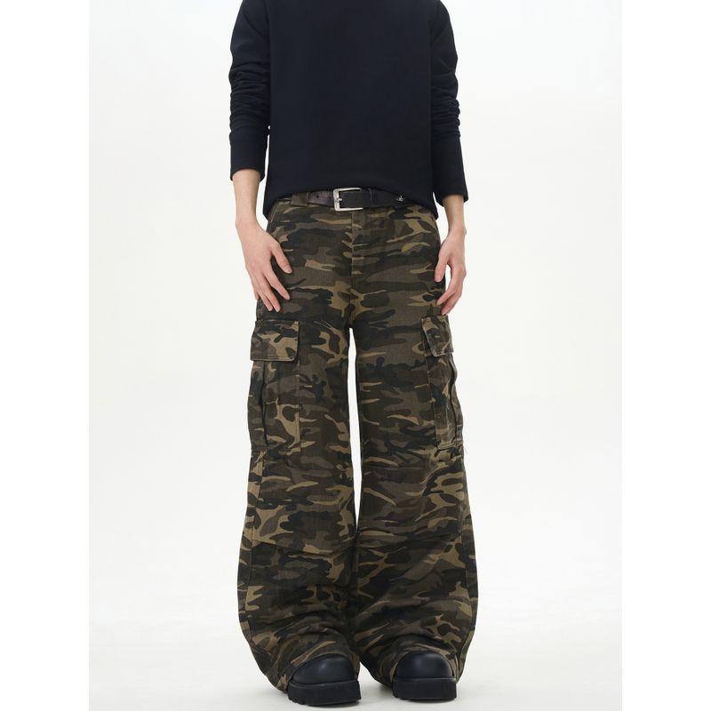Kisko American Retro Multi-Pocket Drape Camouflage Flared Cargo Pants Unisex Trendy Straight Loose Casual Pants