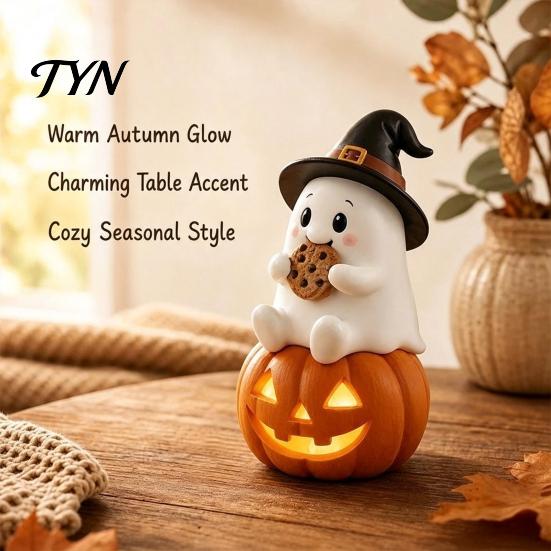 Halloween Party Decoration Lighted Ghost Figurine, Spooky Resin Witch on Pumpkin/Holding Lantern Handcrafted Statue with LED Light for Desktop