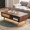 Wicker Coffee Table, Tea Table with Sliding Doors, Solid Wood Legs, Modern Living Room Table, Dark Walnut Wood-H40/W1050/D55 cm