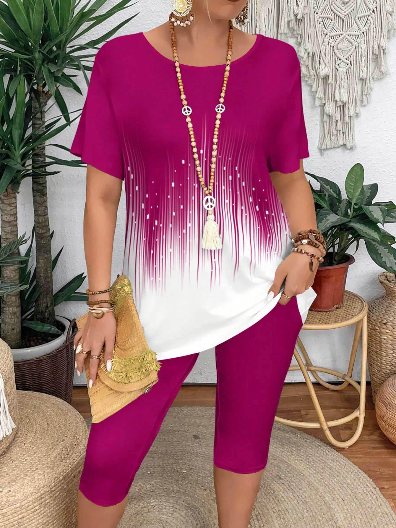 

Европейский и американский большие размеры градиентный топ с коротким рукавом и шорты средней длины комплект из двух предметов для лета 4XL