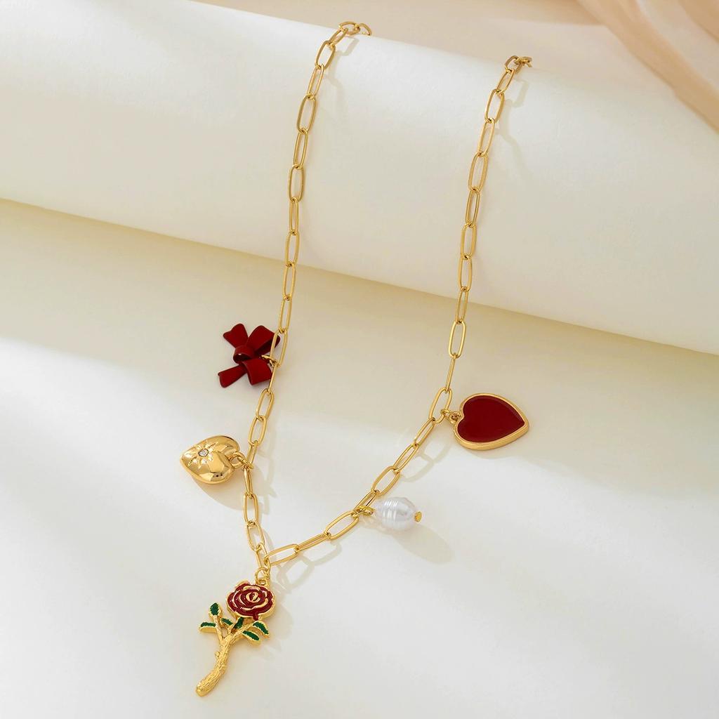 Fashion Simple Temperament Elegant Woman Metal Red Love Artificial Pearl Bow Women's Necklace