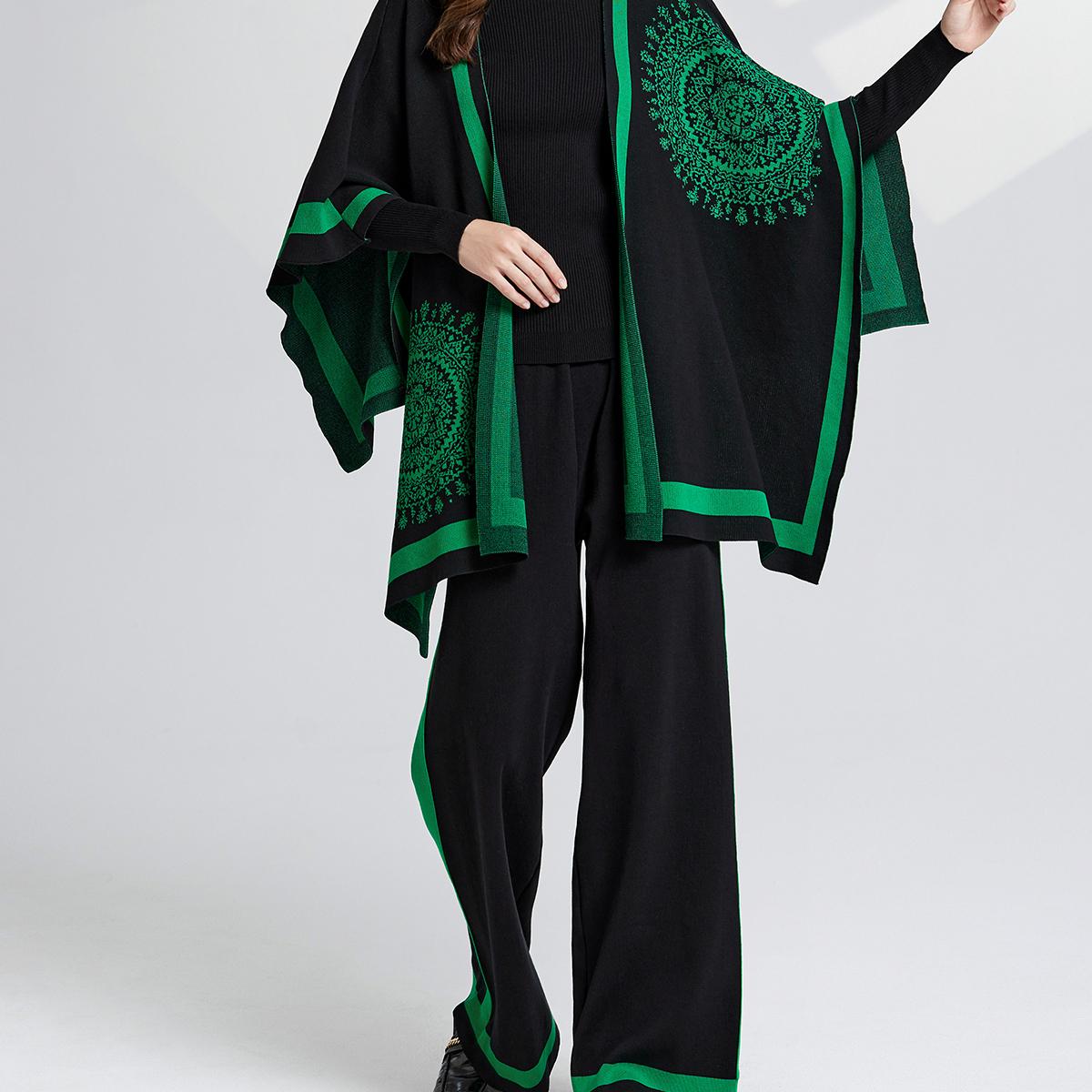 Элегантный цветочный узор вязаный костюм-тройка осень-зима трикотажный топ и широкие — фото 4