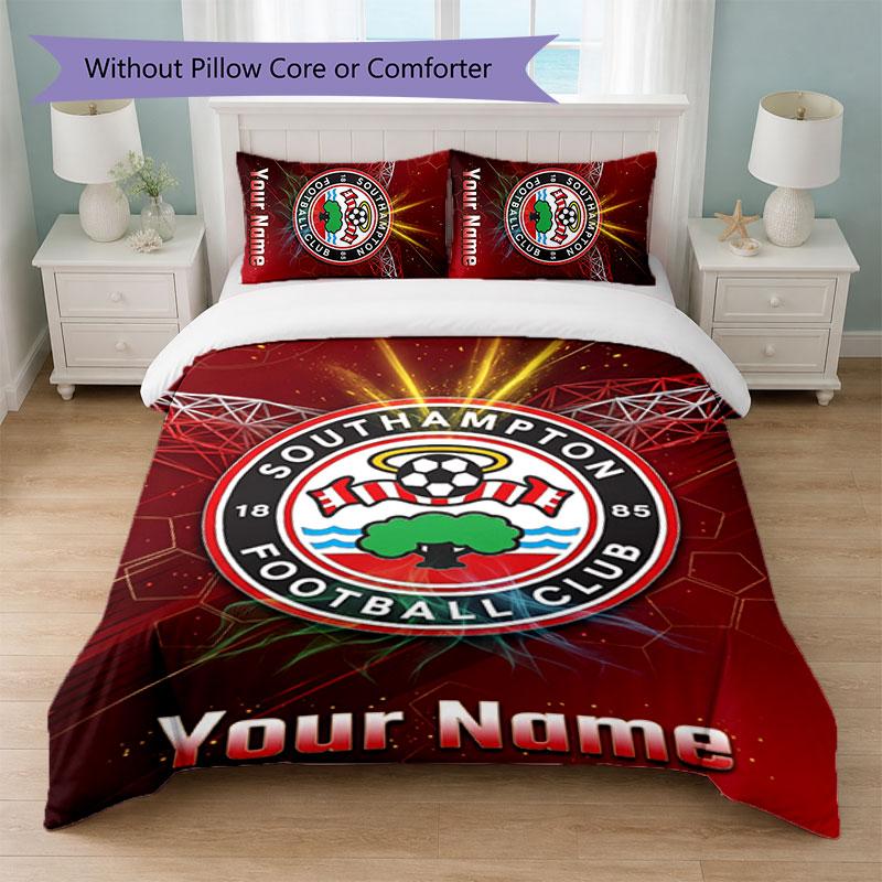 Southampton FC Custom Name Text Bedding Set 1 Duvet Cover+2 Pillowcases Soccer Logo Personalized Gift For Special Occasion Bedroom Decor