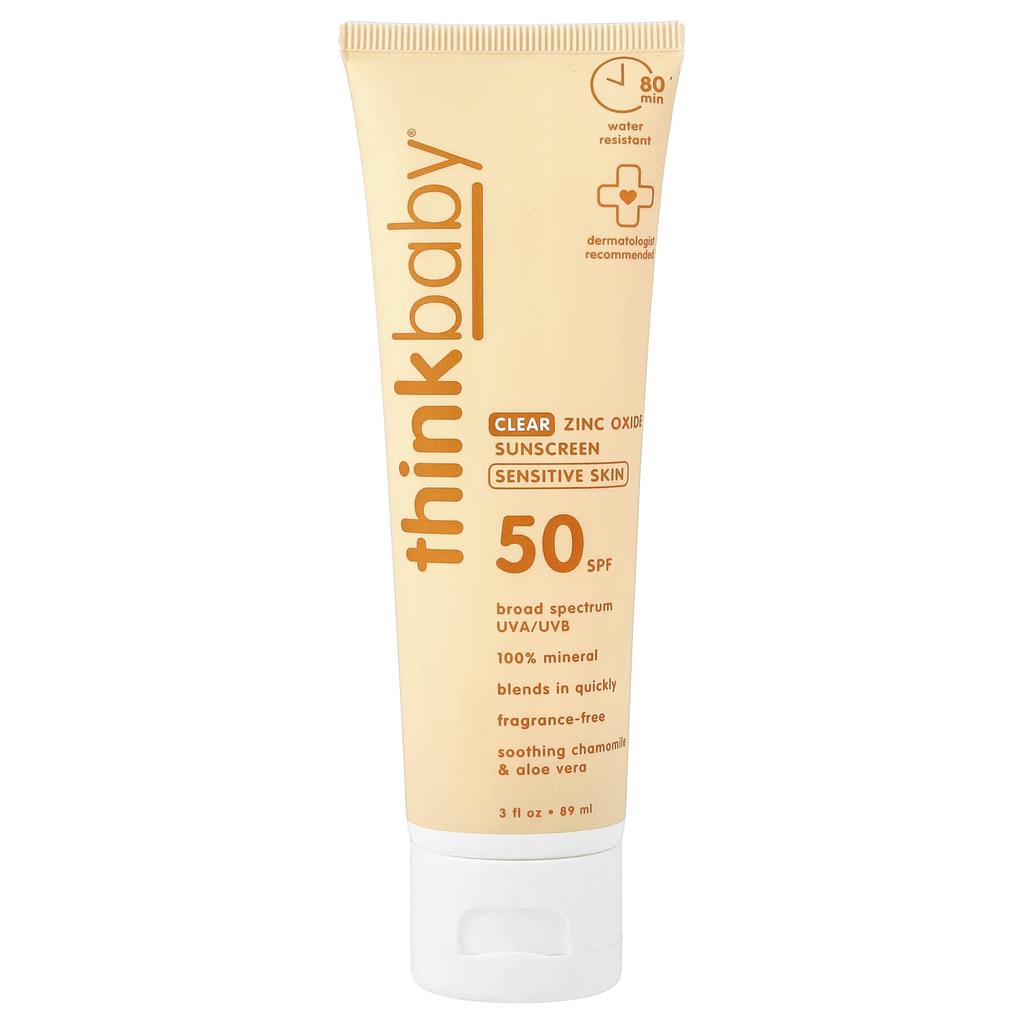 think Baby®, Clear Zinc Oxide Sunscreen, Sensitive Skin, SPF 50, Fragrance Free, 3 Fl Oz (89 Ml)
