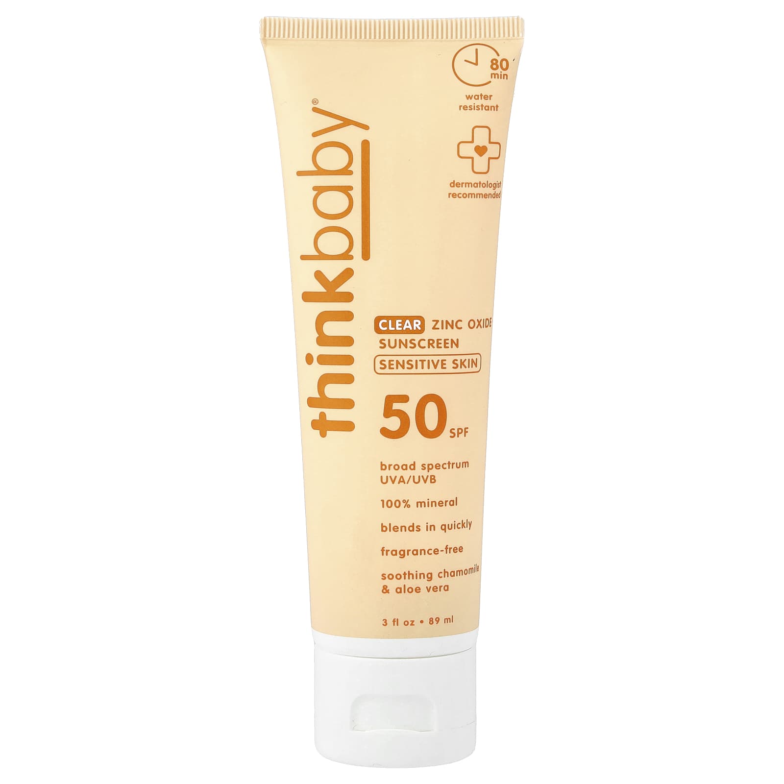 

Think Baby®, Clear Zinc Oxide Sunscreen, Sensitive Skin, SPF 50, Fragrance Free, 3 fl oz (89 ml)