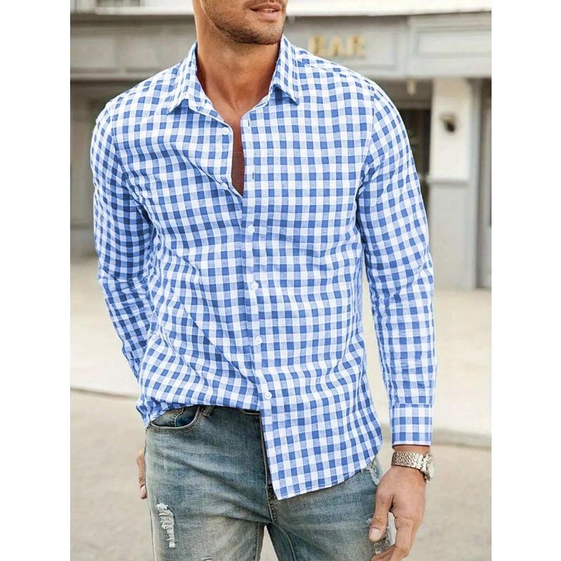 Men Casual 3d Digital Print Plaid Turn Down Collar Long Sleeve Breathable Shirt