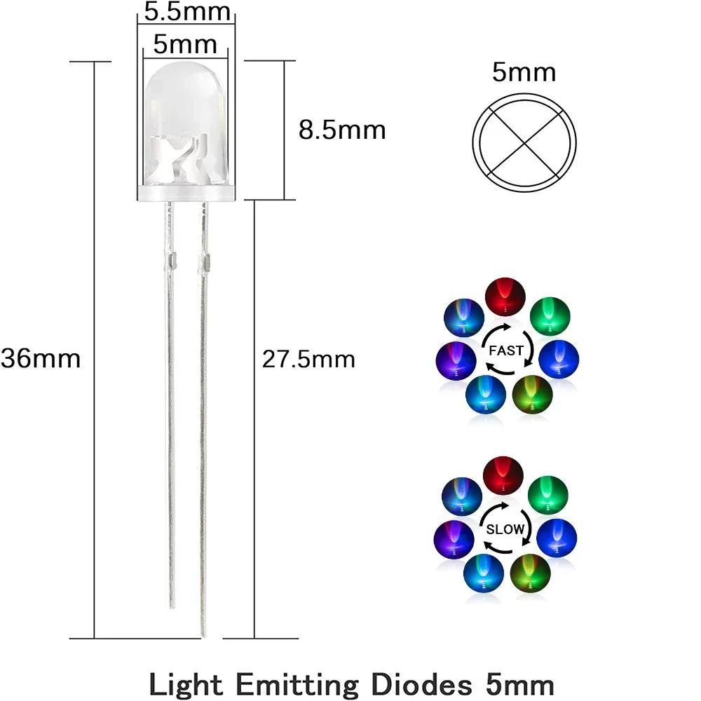 50PCS 5mm Multicolor Slow/Fast Flashing LED Diode Blinking Light Emitting Diodes 2 Pins Clear Round LED Lights
