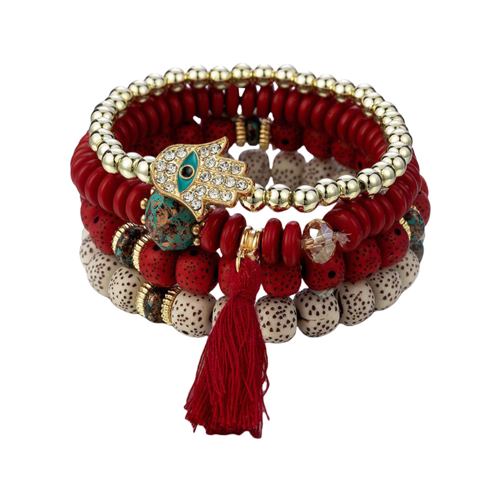 

Набор из 4 браслетов в богемном стиле с «дурным глазом», украшенных кристаллами, подвесками-кисточками в виде руки Фатимы, модными браслетами-манжетами, для повседневной носки для женщин 1