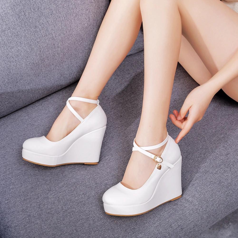 Fashion Crystal Queen White Platform Wedges Pumps Women High Heels Shoes Round Toe Cross Ankle-Strap Large Sizes