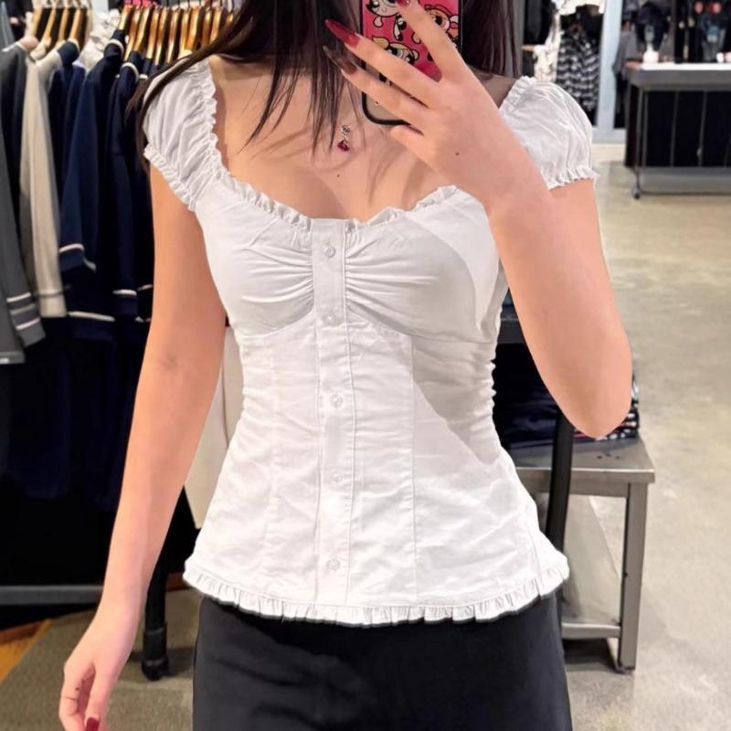 V-neck Button Sweet and Cute French Wooden Ear Puff Sleeve T-shirt Women