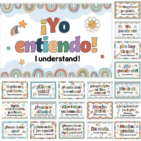 Pajean 20 Pcs Spanish Posters Spanish Phrases Classroom Decorations Boho Spanish English Bulletin Board Bilingual Educational Posters Language Study