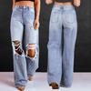 Jeans Femme Taille Haute Jambe Large Streetwear Denim Décoloré Vieilli Endommagé Pantalon