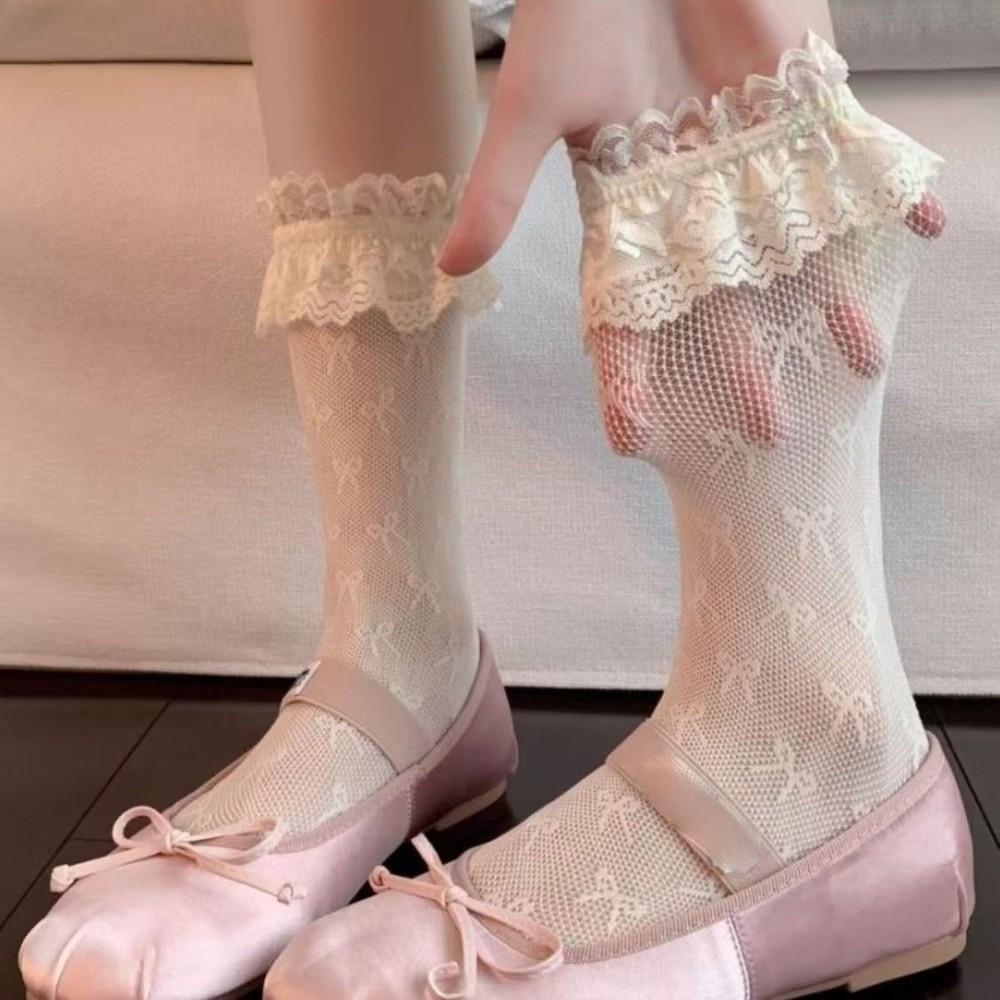 Bow Print Fishnet Socks Breathable Lace Sock Fashion Ankle Socks  Women