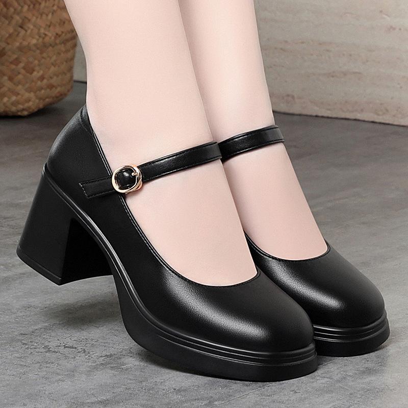 7cm Vintage Breathable Comfortable Shallow Mouth Mary Janes Platform Shoes 2025 Spring Med Block Heels Leather Shoes Office Mom