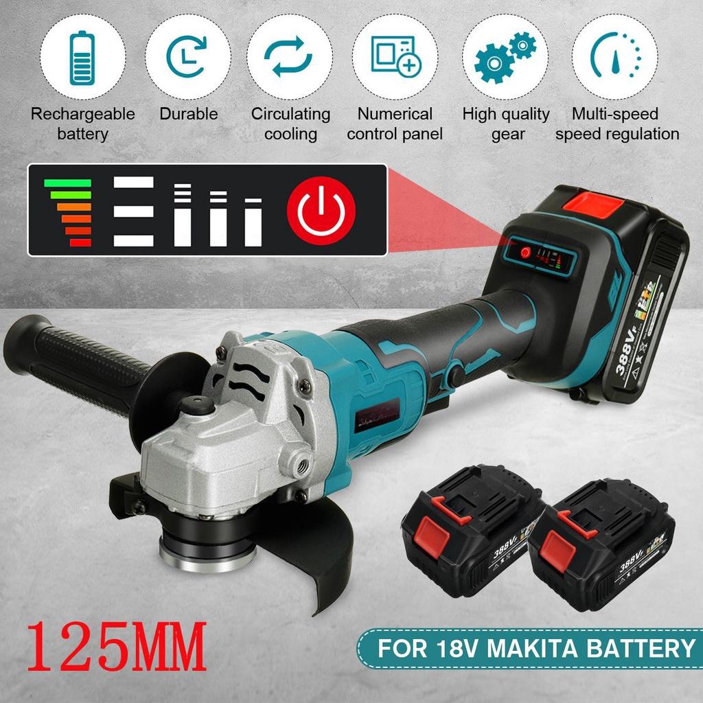 Brushless Cordless Electric Angle Grinder Machine 388VF 125mm Woodworking Power Tool with 1/2 Battery For 18V Battery 800W